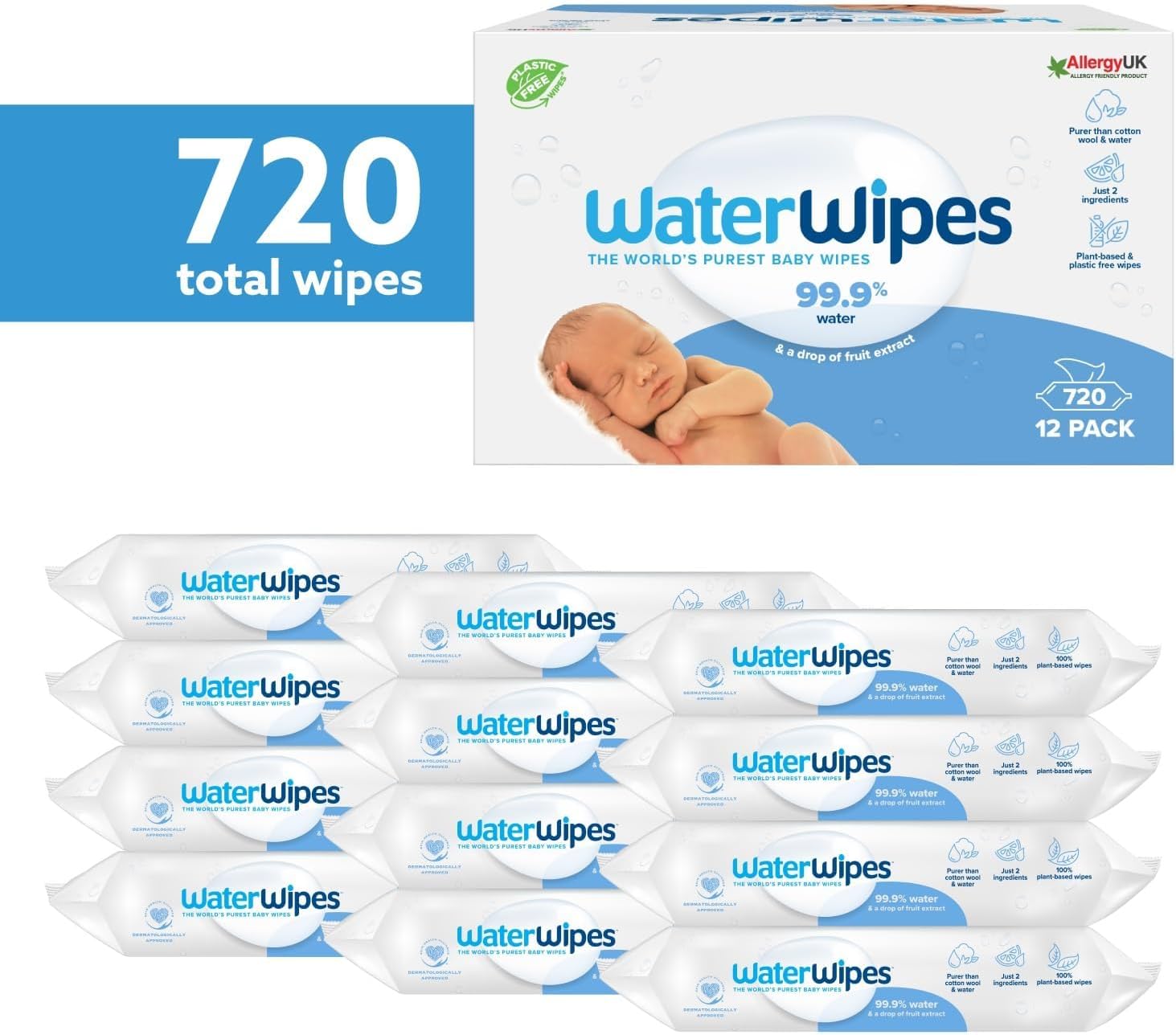 WaterWipes Plastic-Free Original Baby Wipes, 99.9% Water Based Wipes for Sensitive Skin,(Pack of 12)